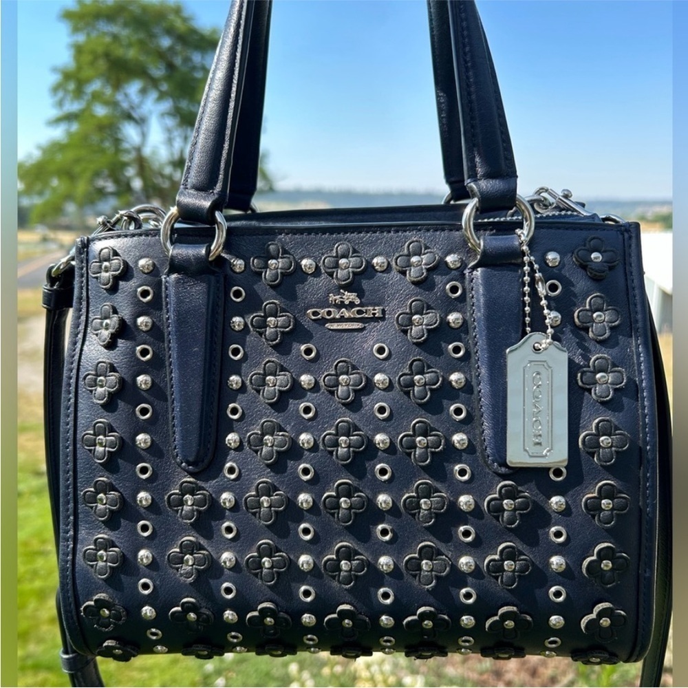 COACH Crosby Mini Flower Appliqués/Rivets/Grommets Calf Leather in Navy Blue - Picture 6 of 13